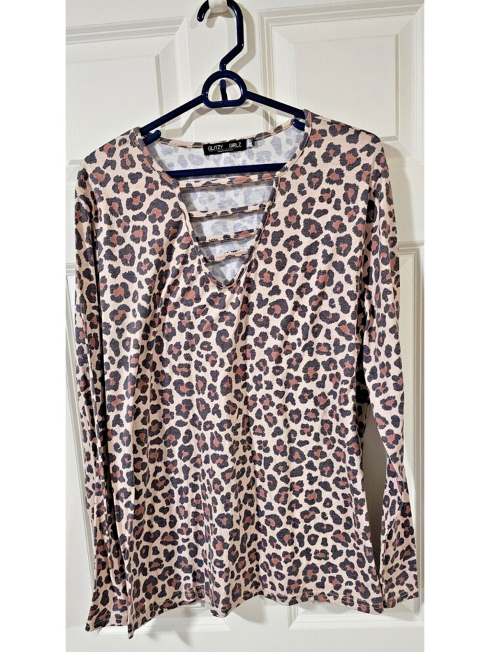 Glitzy Girlz Womens Leopard  Print V-Neck Long Sleeve Tunic Top Sz Large